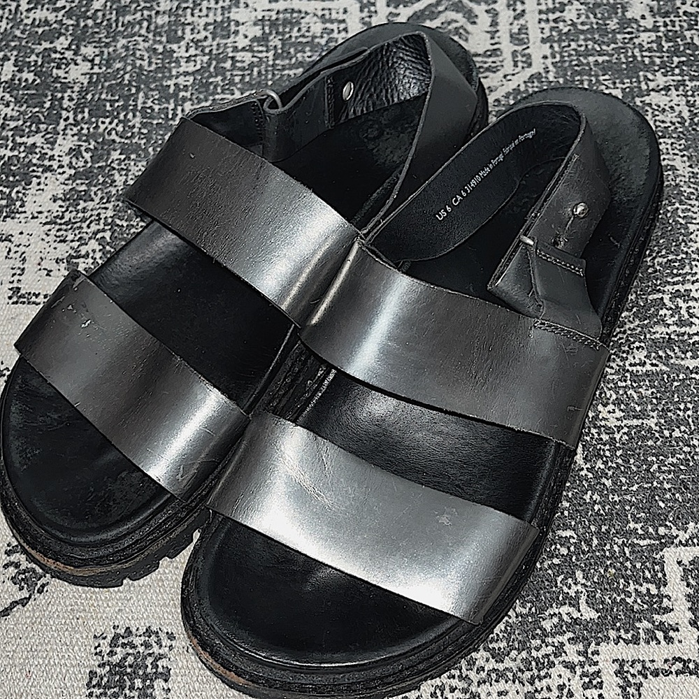 COS Black Leather Lug Sole Metallic Strapped Platform Wedge Sandals: Size 6